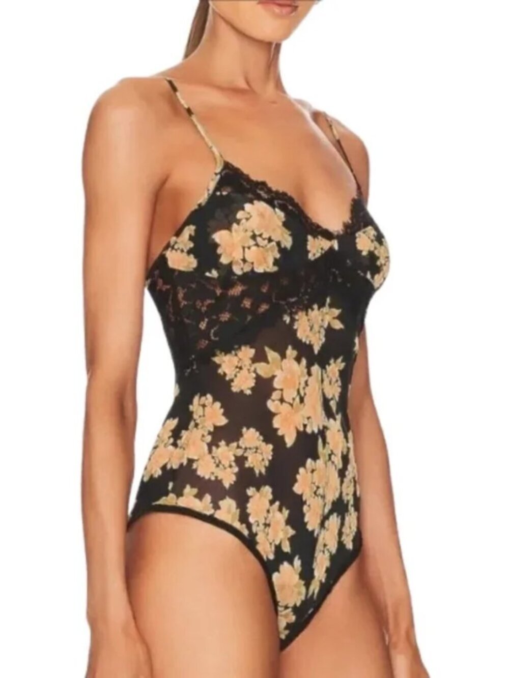 NWT Intimately Free People Monday Morning Floral Bodysuit in Antique Black Combo